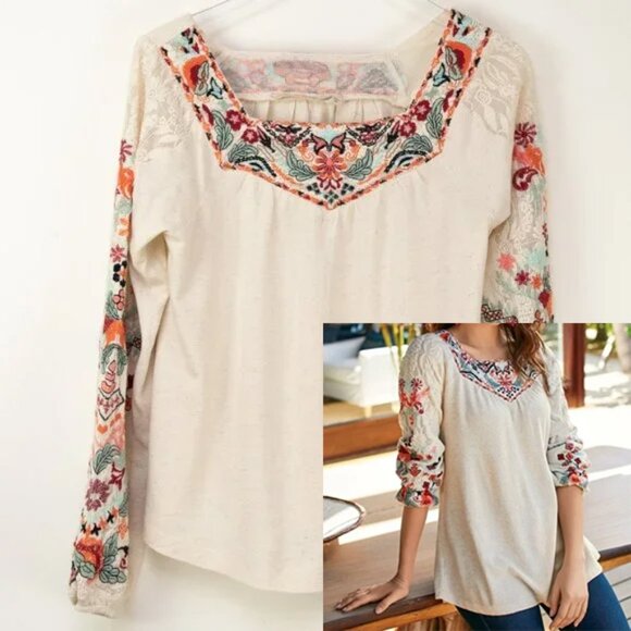 Soft Surroundings Mariella Blouse Embroidered Peasant Top Cream Size XS New - Picture 1 of 6